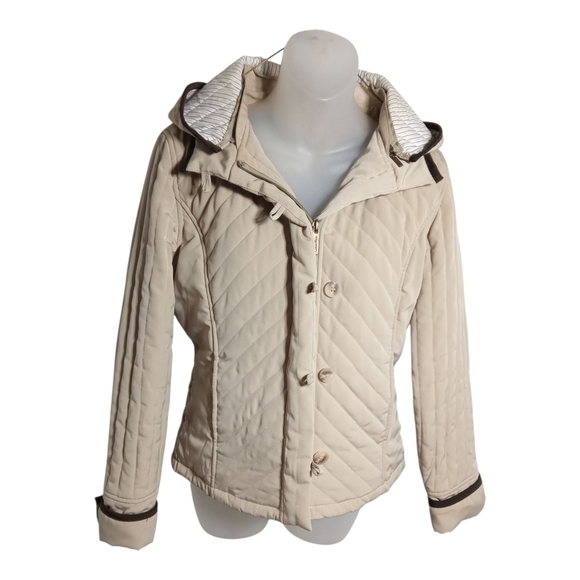 Calvin Klein Women’s Quilted Hooded Beige Zip Button Hook Closure Jacket Small - Picture 3 of 12